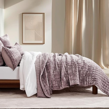 RECYCO Luxury Velvet Quilt Set King Size Bedding Sets, Ultra Soft Velvet Comforter Set, Lightweight Grid Box Stitch Oversized Bedspread Coverlet for All Season, with 2 Shams, Purple