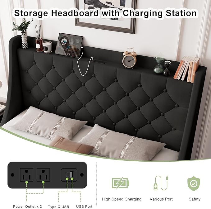 Feonase Upholstered Full Size Bed Frame with 4 Storage Drawers, Large Wingback Storage Headboard, No Box Spring Needed, Black