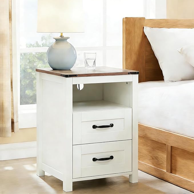 White Rustic Night Stand Set of 2, Farmhouse End Table, Modern Bedside Table with 2 Storage Drawers and Open Shelf, Tall Nightstand for Bedroom