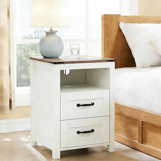 White Rustic Night Stand, Farmhouse End Table, Modern Bedside Table with 2 Storage Drawers and Open Shelf, Tall Nightstand for Bedroom