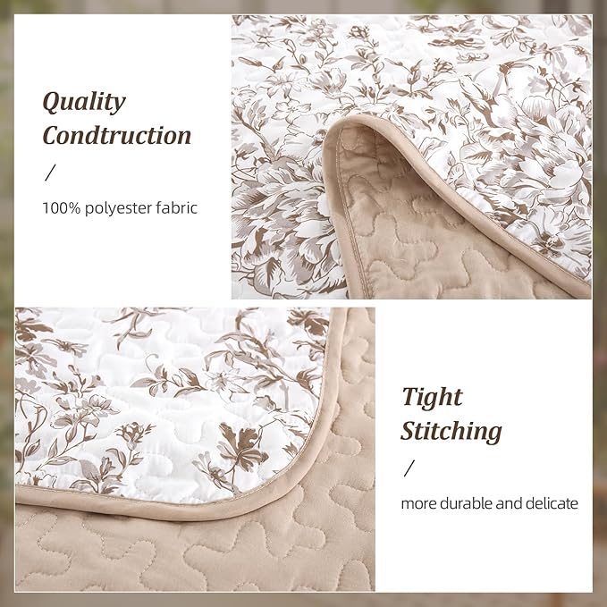 WONGS BEDDING California King Quilt Sets, Brown Quilt Bedding Set with 2 Pillowcases, Botanical Quilt for Cal King Bed, Soft Microfiber Lightweight Coverlet Bedspread for All Season (112"×96")