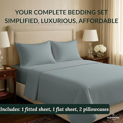 Cloud Scape Linen 100% Egyptian Cotton Sheets for Queen Size Bed, 400 Thread Count, 4 Pieces Bedding Set, Hotel Quality, Silky Soft, Deep Pockets up to 17”, French Blue