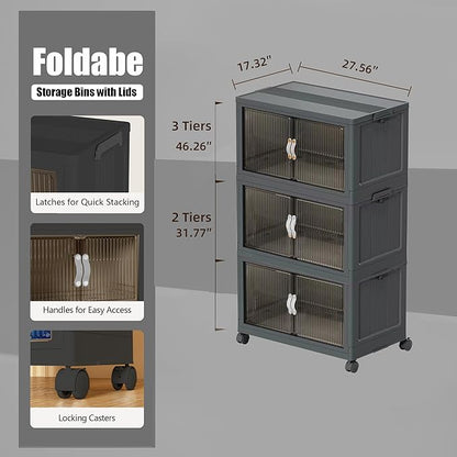 Stackable Storage Bins, Plastic Closet Organizer Folding Container with Lid & Wheel, Collapsible Storage Cabinet with Door, Foldable Storage Boxes for Home, Pantry, Office (L, Gray 3-Tier)