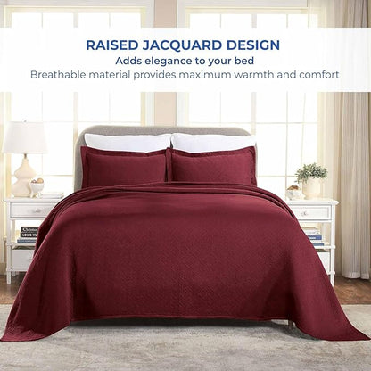 Superior 100% Cotton Basket Weave Bedspread with Shams, All-Season Premium Cotton Matelasse Jacquard Bedding, Quilted-Look Geometric Basket, Twin, Garnet