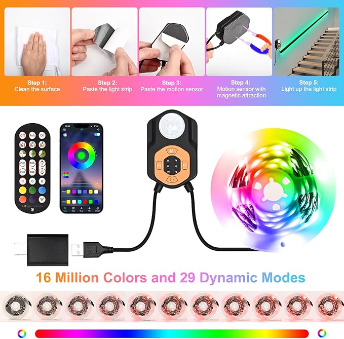 Motion Sensor LED Light Strip Indoor 9.84ft/3M, Under Bed Lights RGB Color Changing | Music Sync | App & Remote Control | USB 5V Dimmable | Night Lights for Bedroom, Stair, Cabinet Decor Decor