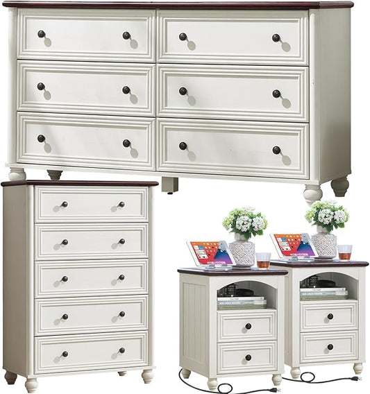 Farmhouse Dressers & Night Stand Set of 4, Wood 54" Wide Dresser & 45" Tall Chest of Drawers, 18" with Charging Station Nightstand Set of 2, Bedroom Furniture Dresser Set for Home Living Room Hallway
