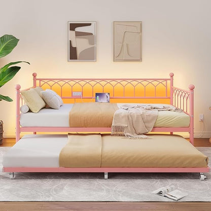 GarveeHome Twin Size Daybed with Charging Station and LED Lights, Metal Bed Frame with Trundle, Sofa Beds Frame with Steel Slat Support for Living Room, Guest Room, Apartment, Small Spaces, Pink