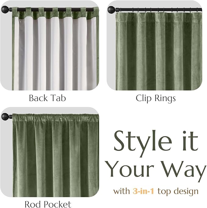 Lazzzy Green Velvet Curtains 84 Inch Long Blackout Thermal Insulated Room Darkening Lined Curtain Drapes Luxury Back Tab Window Treatments for Bedroom Living Room 2 Panels, 52 x 84 Inch, Olive Sage
