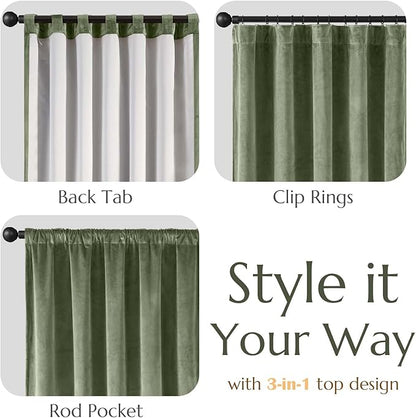Lazzzy Green Velvet Curtains 84 Inch Long Blackout Thermal Insulated Room Darkening Lined Curtain Drapes Luxury Back Tab Window Treatments for Bedroom Living Room 2 Panels, 52 x 84 Inch, Olive Sage