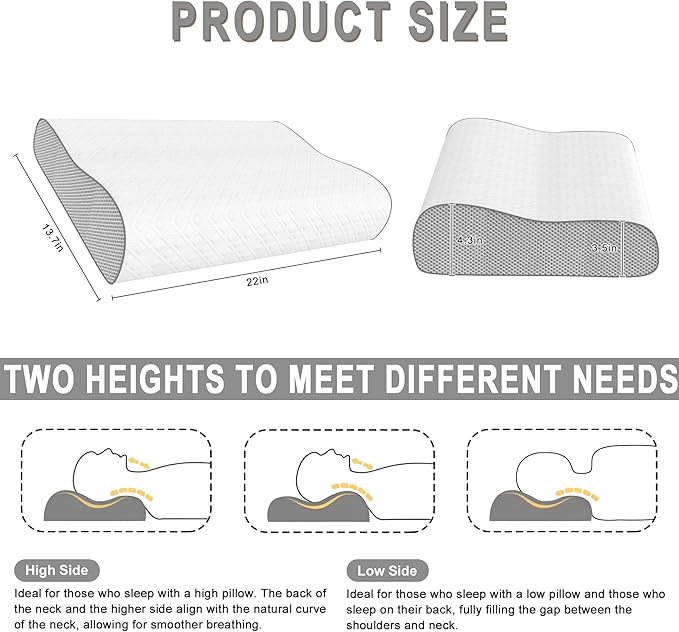 Cervical Pillow for Neck Pain Relief, Memory Foam Pillow, Ergonomic Adjustable Contour Bed Pillow for Side, Back & Stomach Sleepers (2, 22 * 13.7inch)