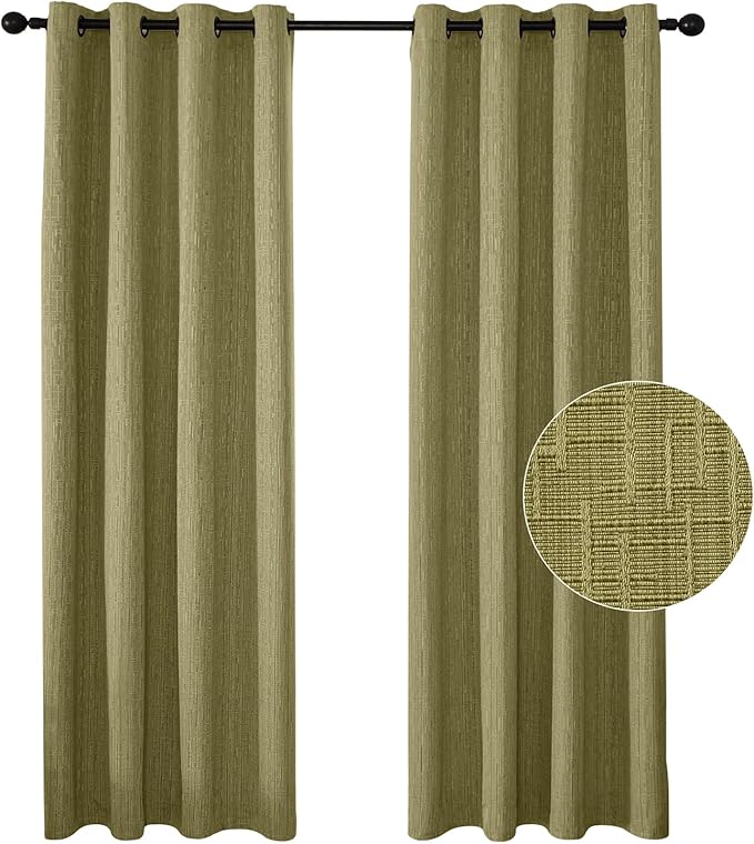 Jacquard Linen Curtains 96 inch Length 2 Panels Thick Faux Linen Blended Window Drapes Burlap Textured Curtains with Grommet for Living Room Bedroom Farmhouse (52x96 Olive Green) Natural