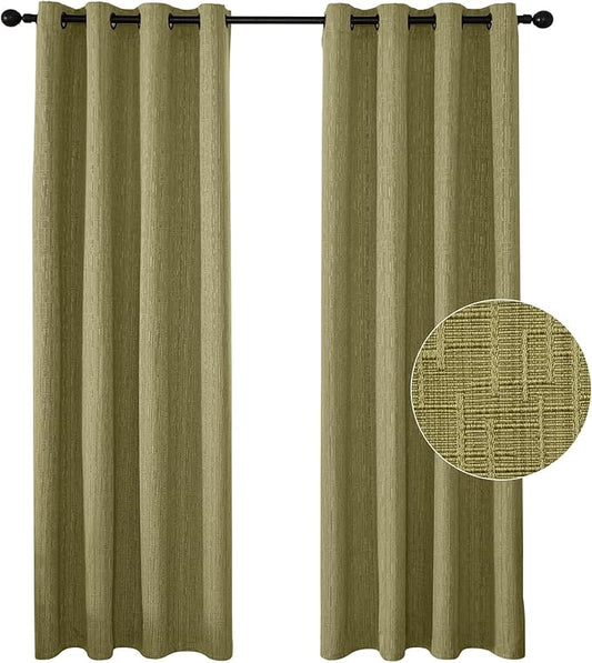 Jacquard Linen Curtains 96 inch Length 2 Panels Thick Faux Linen Blended Window Drapes Burlap Textured Curtains with Grommet for Living Room Bedroom Farmhouse (52x96 Olive Green) Natural