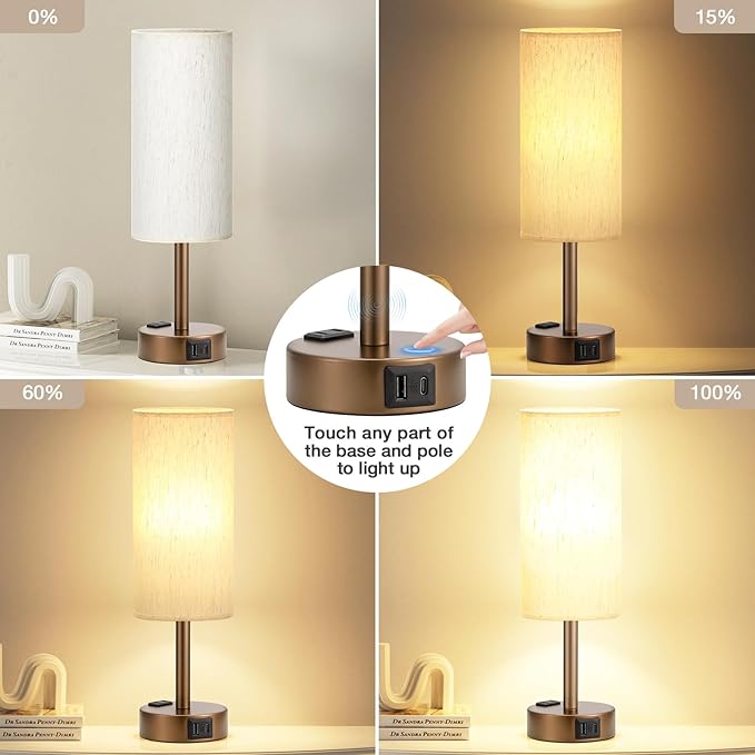 Brown Bedside Table Lamp for Bedroom - 3 Way Dimmable Touch Lamp USB C Charging Ports and AC Outlet, Small Lamp Round Flaxen Cream Fabric Shade for Living Room, Desk, LED Bulb Included