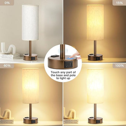 Brown Bedside Table Lamp for Bedroom - 3 Way Dimmable Touch Lamp USB C Charging Ports and AC Outlet, Small Lamp Round Flaxen Cream Fabric Shade for Living Room, Desk, LED Bulb Included