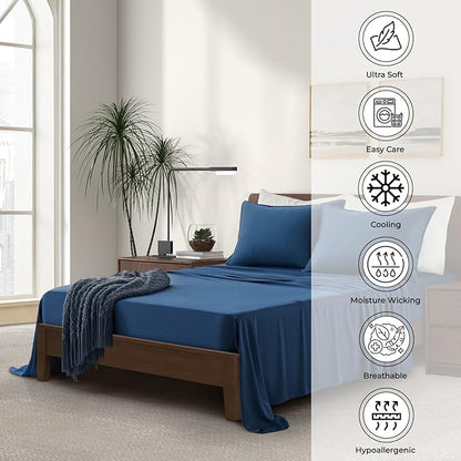Luxury Bamboo Market | King Size Bed Sheet Set | 100% Viscose Made from Bamboo | Organically Grown | Ultra Soft | Cooling Sheets for Hot Sleepers | 17" Deep Pocket [Midnight Blue]