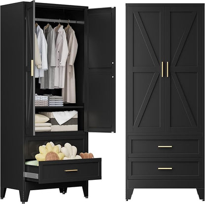 COFaR Metal Wardrobe Cabinet, 71 Farmhouse Armoire Wardrobe Closet with Rods, 2 Barn Doors, Adjustable Shelves, Steel with 2 Drawer Bedroom armoires, Black