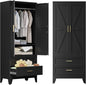 COFaR Metal Wardrobe Cabinet, 71 Farmhouse Armoire Wardrobe Closet with Rods, 2 Barn Doors, Adjustable Shelves, Steel with 2 Drawer Bedroom armoires, Black