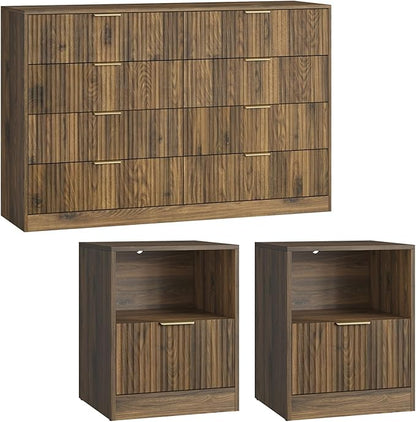 8 Drawer Dresser & Nightstand Set 3-Piece, 55” Wide Bedroom Dresser Set Night Stand Set of 2 with Metal Handle, Fluted Modern Wood Chest of Drawers Storage Dressers Set for Bedroom, Walnut
