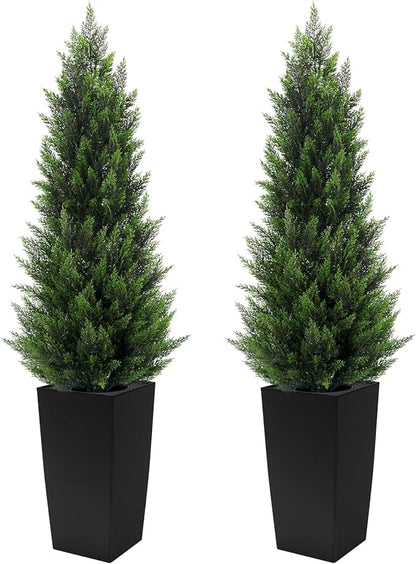 5FT Tall 2 Set Artificial Topiary Cedar Tree, Indoor Realistic Faux Cypress Plants with Square Flowerpot, Outdoor Evergreen Fake Shrubs for Home Living Room Front Porch Decor