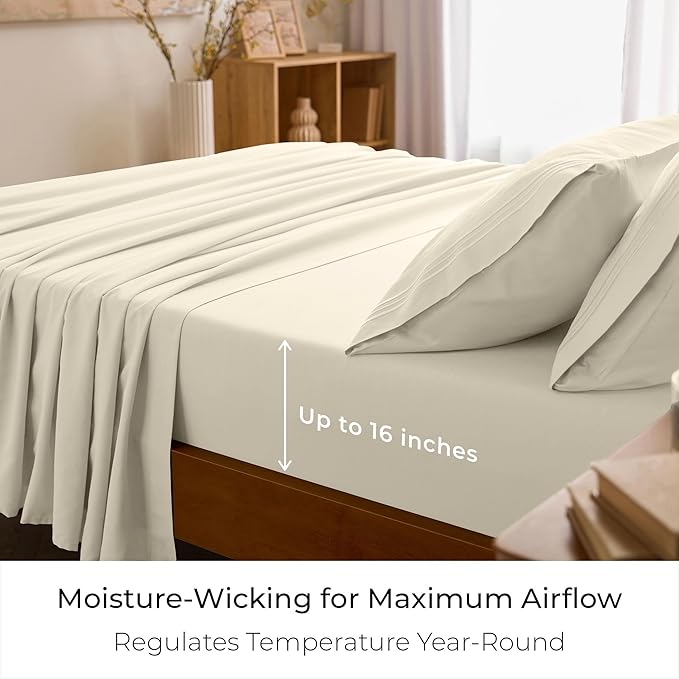 Mellanni Queen Sheet Set - 6-Piece Iconic Collection Bedding, (Including 4 Pillowcases), 16-Inch Deep Pocket, Easy Care, Extra Soft, Cooling Sheets, Brushed Microfiber - Golden Ivory