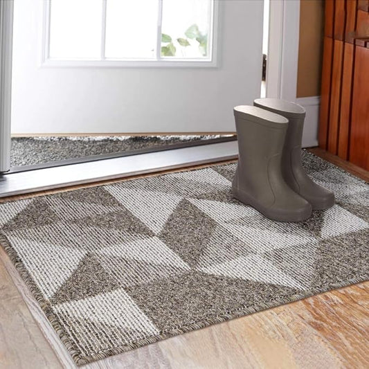 Indoor Doormat 32"x 48", Absorbent Front Back Door Mat Floor Mats, Rubber Backing Non Slip Door Mats Inside Mud Dirt Trapper Entrance Front Door Rug Carpet, Machine Washable Low Profile-Brown Geome