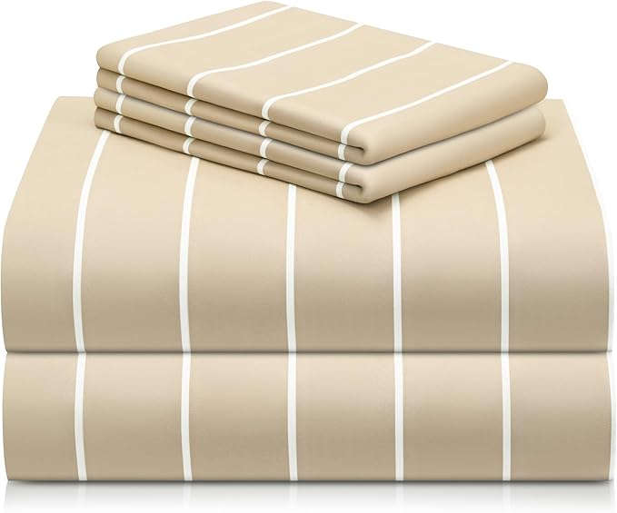 LuxClub 4 PC Full Sheet Set, Deep Pockets Wrinkle Free Cooling Bed Sheets Hotel Bedding for Women, Men, Includes 1 Fitted Sheet, 1 Flat Sheet and 2 Pillowcases-Striped - Cream