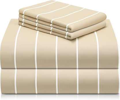 LuxClub 4 PC Full Sheet Set, Deep Pockets Wrinkle Free Cooling Bed Sheets Hotel Bedding for Women, Men, Includes 1 Fitted Sheet, 1 Flat Sheet and 2 Pillowcases-Striped - Cream