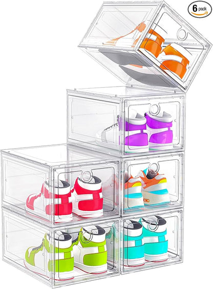 6 Pack Upgrade Harder Shoe Organizer, Shoe Storage with Magnetic Front Door, Clear Shoe Boxes Foldable Space-Saving Shoe Rack for Sneaker Boot Container, White