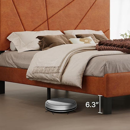 Upholstered Queen Size Platform Bed Frame with Faux Leather Padded Headboard, Sturdy Metal Slats Support, No Box Spring Needed, Vintage Brown