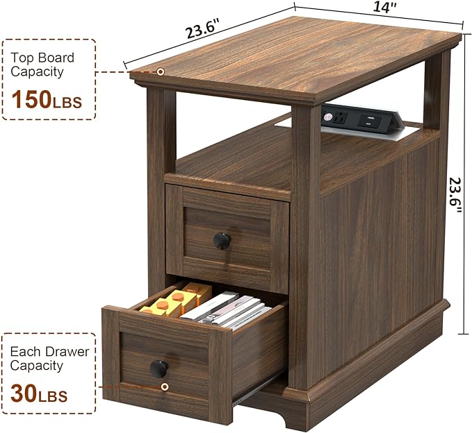 HIFYOBRO Narrow End Table with Flip Top Charging Station Set of 2, Side Table with 2 Drawers, Type-C & USB Port & Power outlets, Wooden Storage Cabinet for Living Room and Bedroom