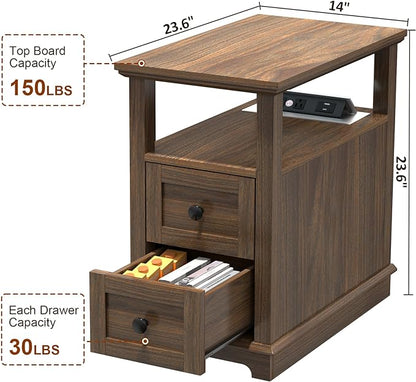 HIFYOBRO Narrow End Table with Flip Top Charging Station Set of 2, Side Table with 2 Drawers, Type-C & USB Port & Power outlets, Wooden Storage Cabinet for Living Room and Bedroom