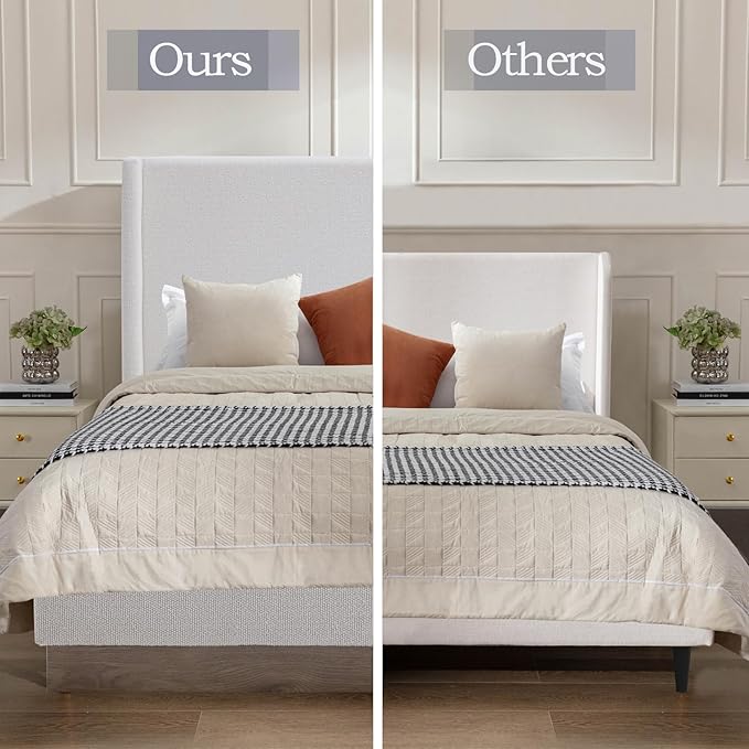 Full Size Upholstered Platform Bed Frame, 52.5" Tall Headboard Hosford Wingback Bedframes, Wood Base Floor Beds, No Box Spring Needed, No Noise, Minimalist, Cream White Boucle