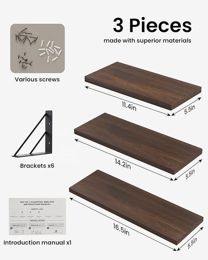 BAYKA Floating Shelves for Wall, Book Shelf for Bedroom, Wall Decor Shelves for Living Room Kitchen, Wood Floating Shelf for Home Decor, Corner Shelf for Bathroom, Office(Dark Brown,Set of 3)