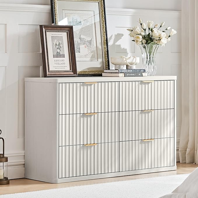 LEYAOYAO 48" Wide Fluted Dresser and 3 Drawers 23" Nightstand Set of 2,Wooden Dresser & Night Stand with Charging Station, 3 Piece Bedroom Furniture Set,Chest of Drawer for Living Room,Antique White