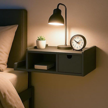 Floating Nightstand with Drawer & Shelf,Wall Mounted Bedside Table for Small Bedrooms,Modern Black End Table with Space Saving Design（Black）