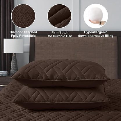HORIMOTE HOME Quilt Set King Size Chocolate, Classic Geometric Diamond Stitched Pattern, Ultra Soft Microfiber Lightweight Bedding Bedspread Coverlet for All Season with 1 Quilt 2 Pillow Shams