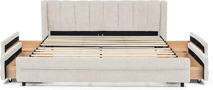 DEINPPA Queen Size Bed Frame with 4 Storage Drawers and Cloud Soft Headboard, Chenille Upholstered Grounded Wood Base Bed Frame, No Box Spring Needed-Beige