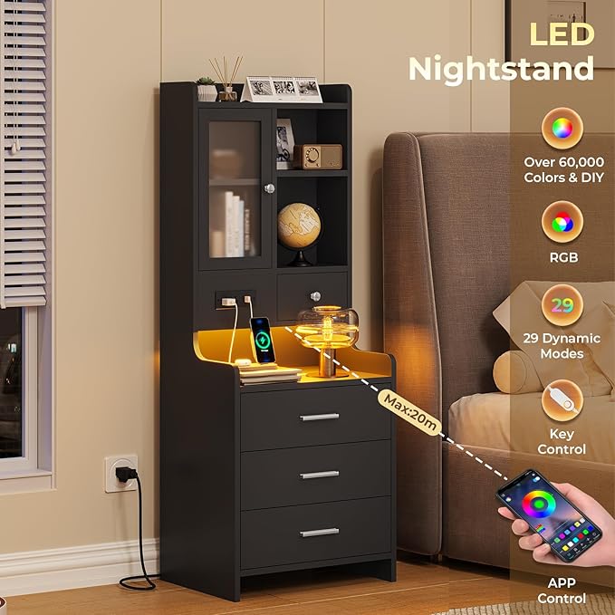 ADORNEVE Tall Night Stand with Charging Station and LED Lights,49.2" Nightstand with Bookshelf, Black Bedside Table with Drawers,End Side Table for Bedrooms