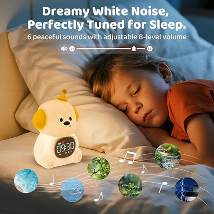 Dog Alarm Clock with Night Light for Kids with Sleep Training and Sound Machine, Rechargeable Silicone Lamp OK to Wake Clock，Cute Animal Tabletop Lamp, Perfect Sleep Companion for Boys Girls