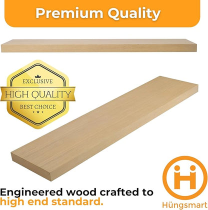 HÜNGSMART 48 Inch Wooden Floating Shelf – Supports 300lbs – Carpenter Designed - Engineered Wood 4 Foot Long - Oak Finish – Includes Laser Welded Precision Wall Bracket (48 inches x 11 13/16 inches)