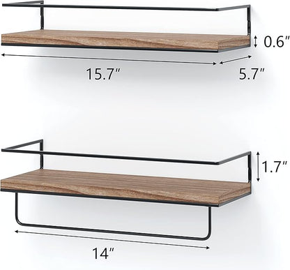 Shario Rustic Wood Floating Shelves - Set of 2, Wall Mounted Hanging Shelves with Black Towel Rack, Decorative Storage Shelves for Bathroom, Kitchen, Living Room & Bedroom (Light Wood, 15.7 Inches)
