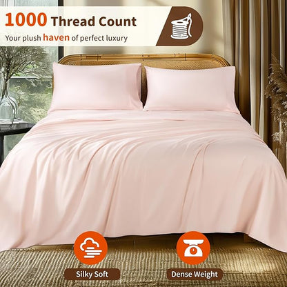 LBRO2M 1000 Thread Count 100% Egyptian Cotton Sheets Set Twin, 3 Piece Sets Bed Sheet Deep Pocket Sheet Set 16" Soft Comfortable All Season (Twin, Pink)