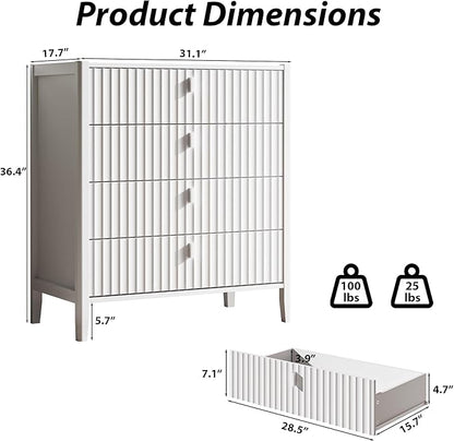 4 Drawer Dresser, Modern Chest of Drawers for Bedroom, Wood Fluted Dresser Organizer with Deep Drawers for Clothes, Nightstand for Bedroom, Hallway, Living Room, Entryway, White