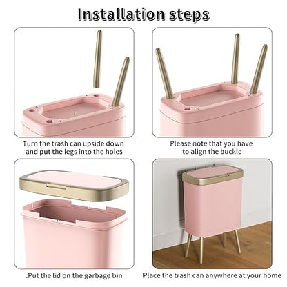 Procade 2Pack Office Trash Can with Lid, Bathroom Garbage Bin with Gold Edge, Modern Pink Trash Can for Bedroom, Slim Waste Basket Plastic Trash Bin for Room,Kitchen, Living Room,Toilet, 4 Gallon