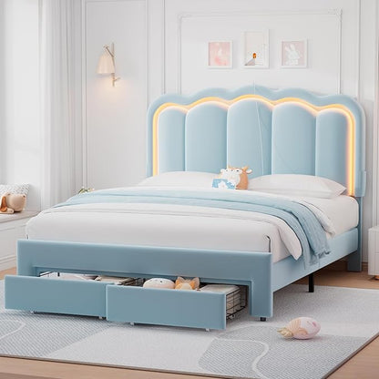 Velvet Upholstered Full LED Bed Frame with 2 Storage Drawers and Adjustable Chic Double Wavy Headboard, Princess Platform Bed with Charing Station, Solid Wood Slats Support,No Box Spring Needed,Blue