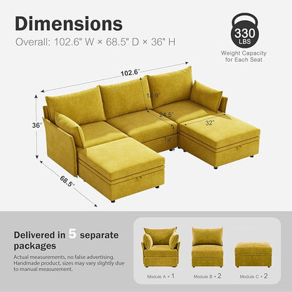 ABCASA 102.6" U Shaped Modular Sectional Sofa, 5 Seater Couch with Storage Ottoman Deep Seat and High Backrest with Removable Cover for Living Room, Apartment - Chenille Yellow