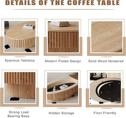 Oval Coffee Table with Storage, Modern Wooden Coffee Table with Solid Wood Veneered, Fluted Center Table Drum Tea Table for Living Room Apartment, 47.2''L×23.6''W×14.2''H