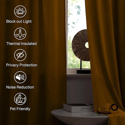 StangH Mustard Gold Curtains - Thick Heavy Velvet Drapes for Bedroom Light Blocking Chill & Heat Resistant Window Panels for Halloween, W52 x L90, 2 Panels