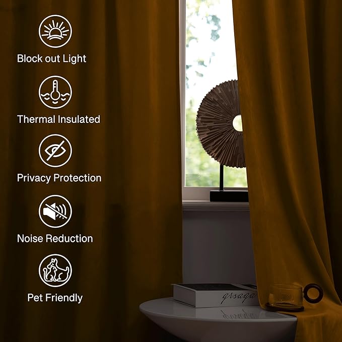StangH Mustard Gold Velvet Fall Curtains - Stylish Thermal Insulated Drapes for Living Room, Soft Noise Reducing Curtains, Vibrant Home Decor, W52 x L102, 2 Panels