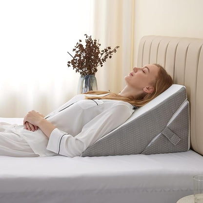 Bedluxe Wedge Pillow for Sleeping, Adjustable 9&12 Inch Foldable Bed Wedge Pillow Set, Orthopedic Memory Foam Triangle Pillows Wedge, 7-in-1 Elevated Pillows for Leg and Back Support, White/Grey